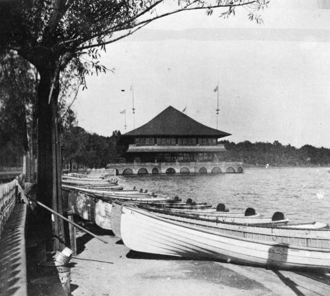 The park board's boats for rent next to the Lake Harriet pavilion in 1895. (Minnesota Historical Society)