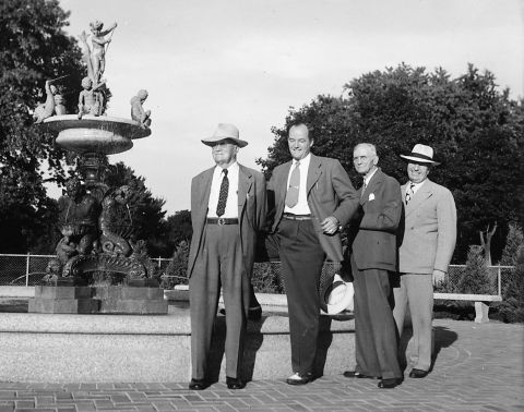 The dedication of the Heffelfinger Fountain in Lyndale Park, 1947. This is the only photo I've seen of Theodore Wirth and Francis Gross together, along with another well-known Minneapolitan. From left: Park Superintendent Emeritus Theodore Wirth, Minneapolis Mayor Hubert Humphrey, Park Board Presdient Francis Gross, Park Superintendent Charles Doell. (Minneapolis Park and Recreation Board)