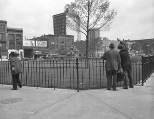 The Gateway in July 1954 after demolition of the pavilion. Fenced, desolate, doomed. (MInneapolis Star Journal Tribune, Minnesota Historical Society)