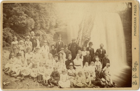 The congregation of St. Peder's Danish Evangelical Luthern Church at Minnehaha Falls in 1886 -- before the falls became a park. Some parishioners must have had large families of daughters. (Hennepin County Library, Special Collections)
