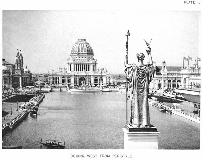 Dnaiel Chester French's enormous Republic looms over the central pool at the Columnian Exposition in 1893. 